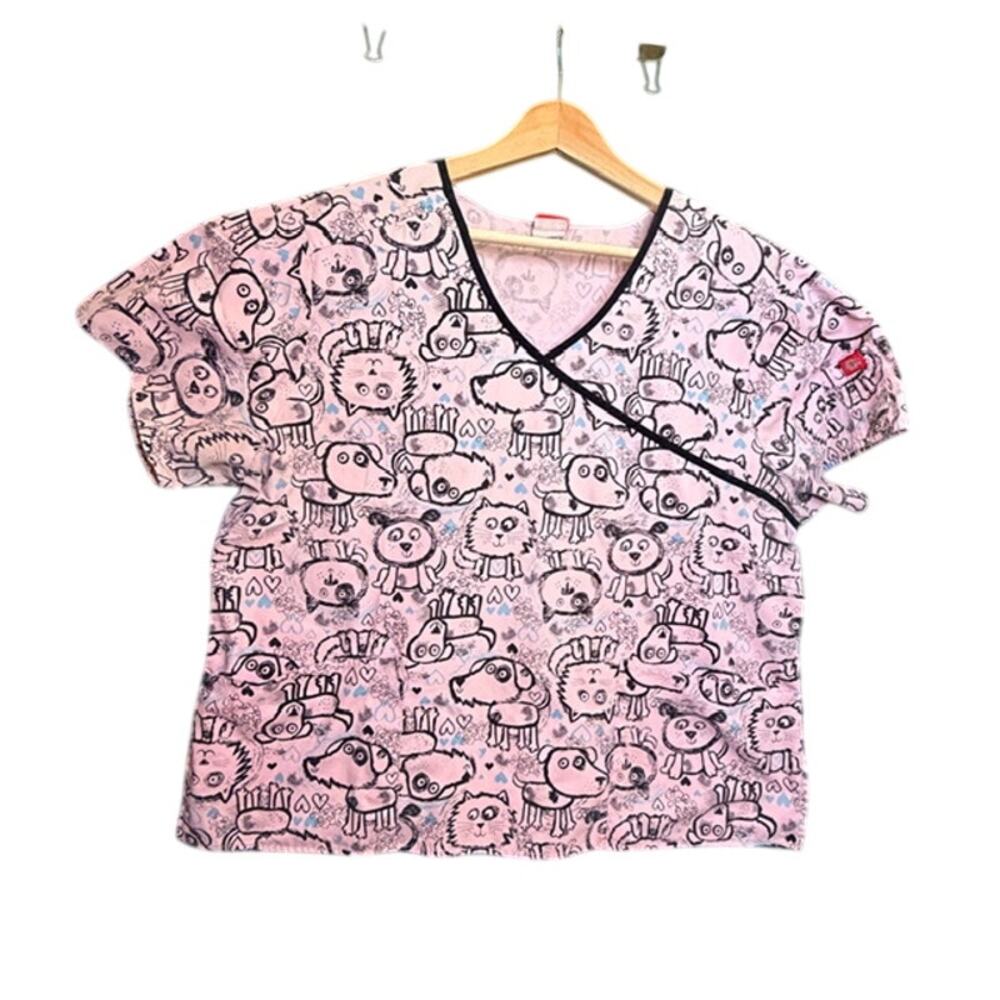 Dickies EDS Scrubs Top Pink Cats Dogs Size XL